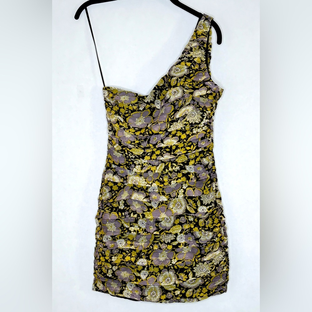 Zara Dress One Shoulder Ruched Bodycon Floral Mini Yellow Purple SZ Extra Small